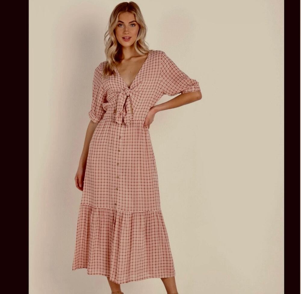 Faithful the Brand plaid midi dress pink  and cream picnic garden summer party